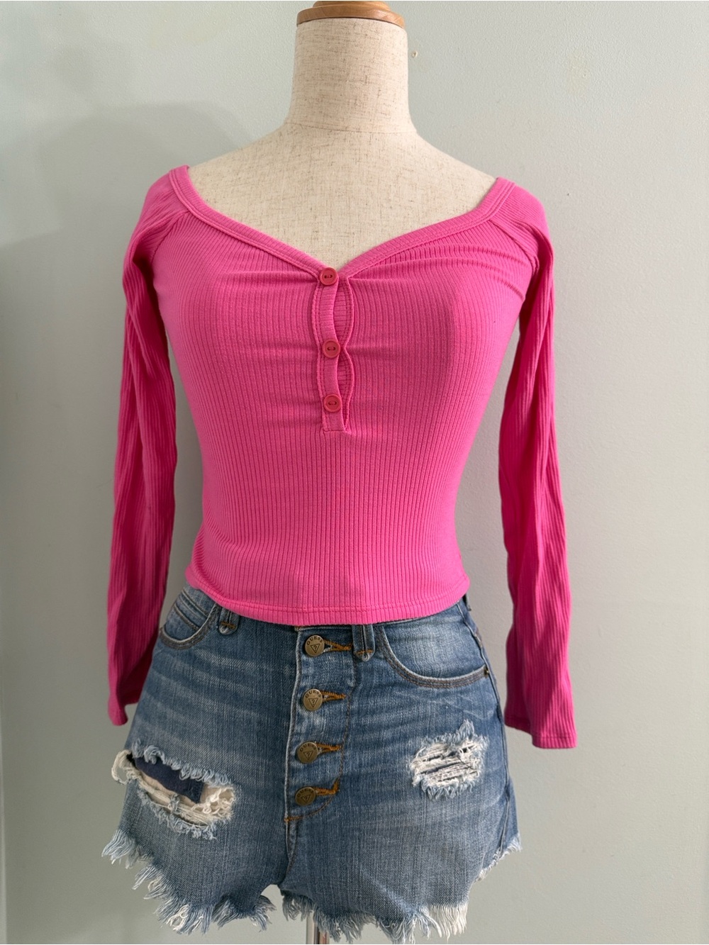 Y2K Bright Pink Ribbed Off Shoulder Henley Top S